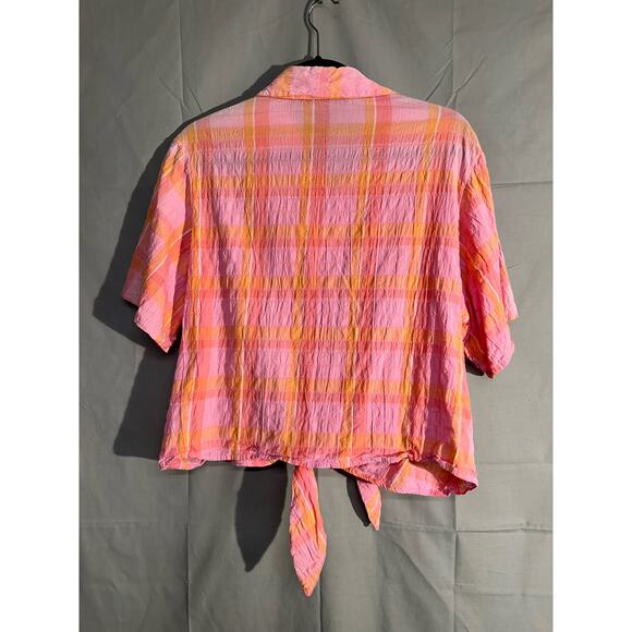 90s Vintage Top Womens XL Pink Plaid Button Tie Front Orange Cottage Boho Pastel - Picture 3 of 7